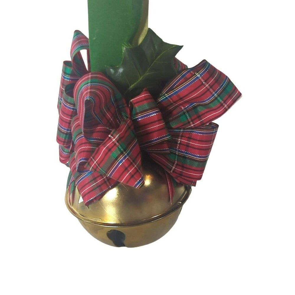 Vintage Christmas Jingle Bell With Plaid Ribbon & Greenery Decoration